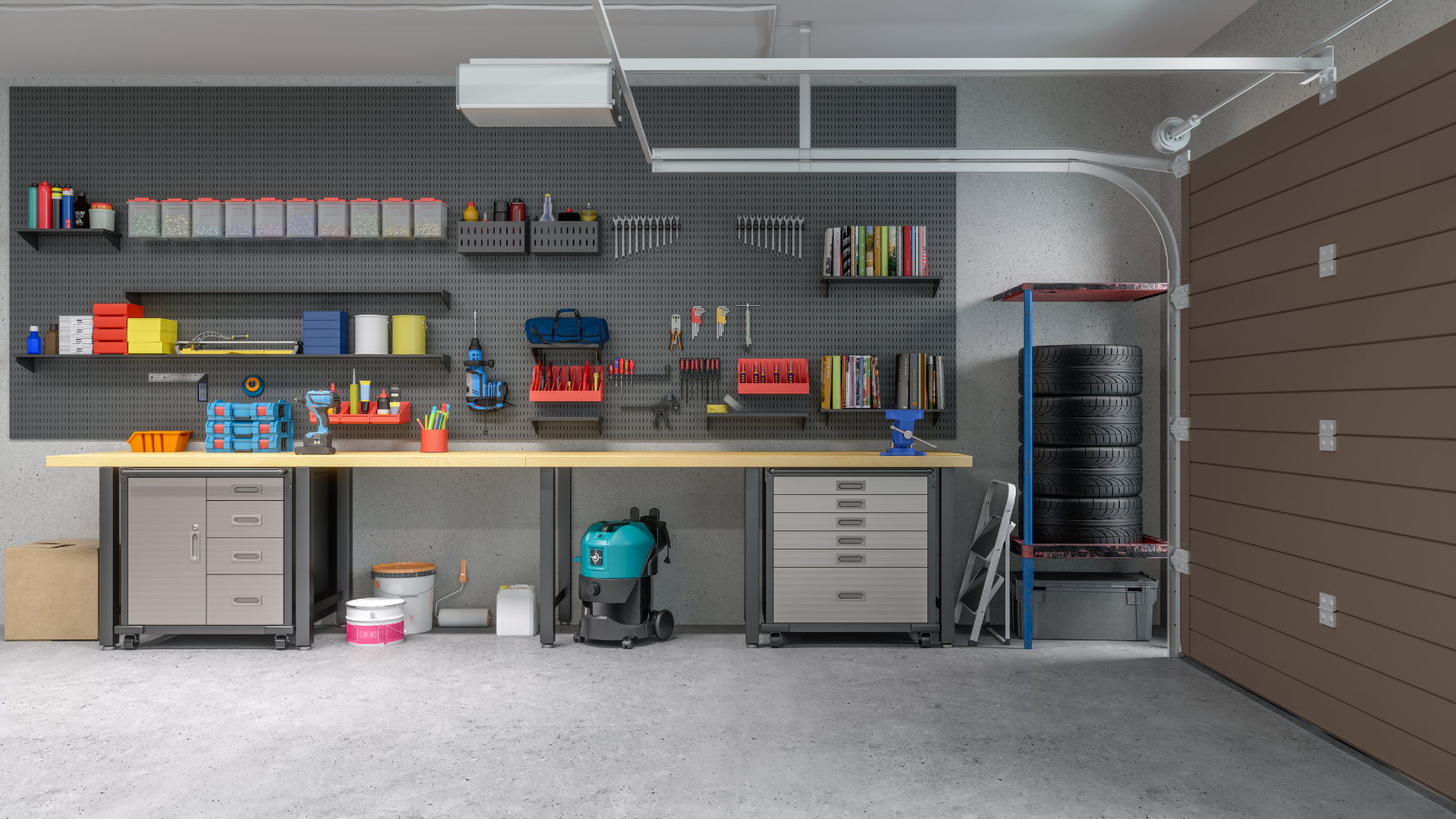 A garage fitted with wall cabinets, a workbench and overhead storage