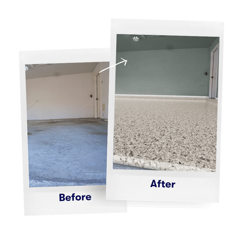 Two Polaroid-style photos labeled 'Before' and 'After' show a garage transformation: left with a bare concrete floor and white walls, right with a polished speckled terrazzo floor and a blue-green wall showing completion.