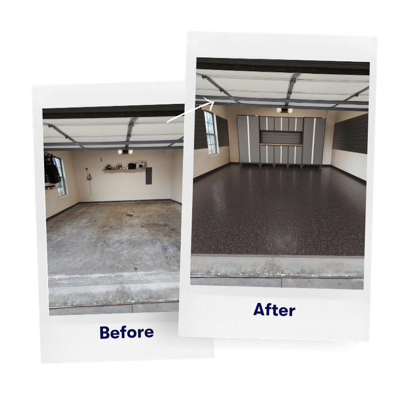 Two photos labeled Before and After showing a garage renovation: left with a bare concrete floor and sparse shelves, right with a polished dark epoxy floor and new storage wall.