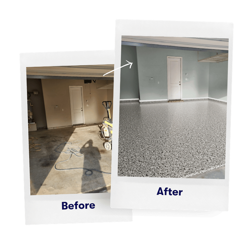 Pair of Polaroid-style photos showing a garage renovation: left is the 'Before' with dusty concrete and tools, right is the 'After' with a clean, speckled epoxy floor and finished walls.