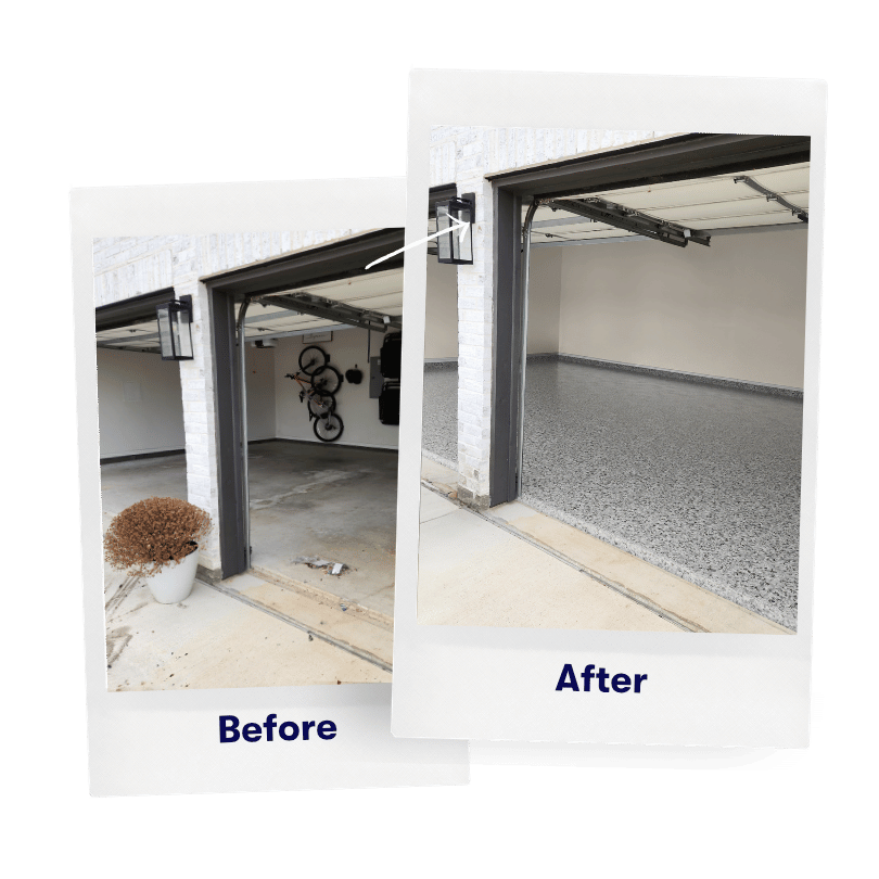 Before and after: a two-panel photo showing a cluttered, dark garage on the left and a clean, bright garage with an new epoxy floor on the right.