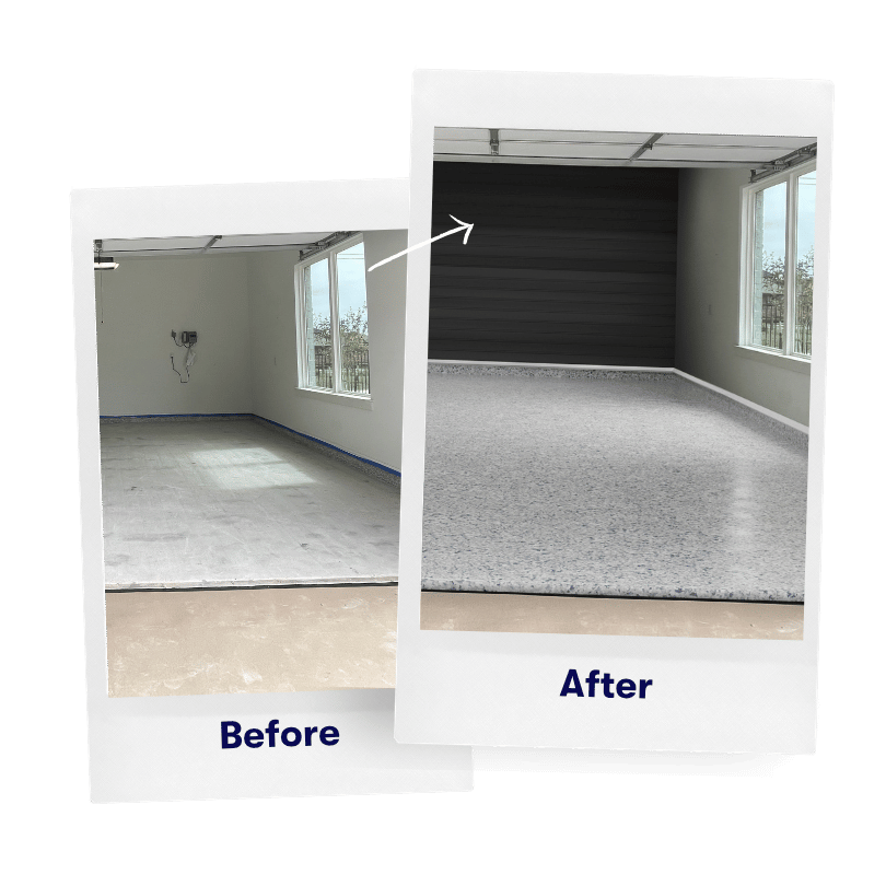 Side-by-side renovation comparison: left shows unfinished room, right shows finished space with dark accent wall and new flooring.