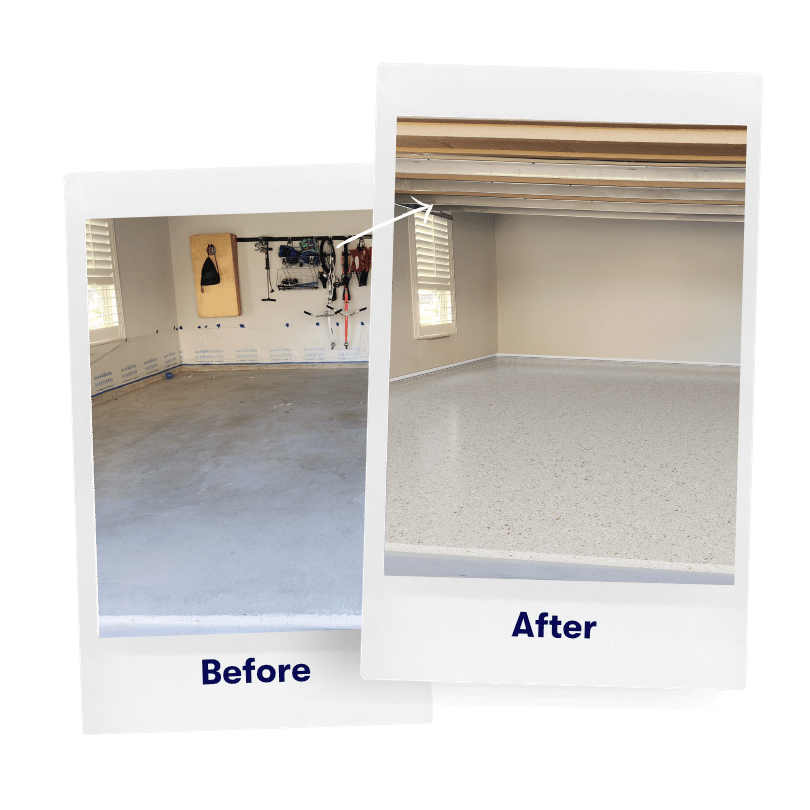 Before and after montage of a garage renovation: left image with bare concrete and tools; right image with a finished light-speckled epoxy floor.