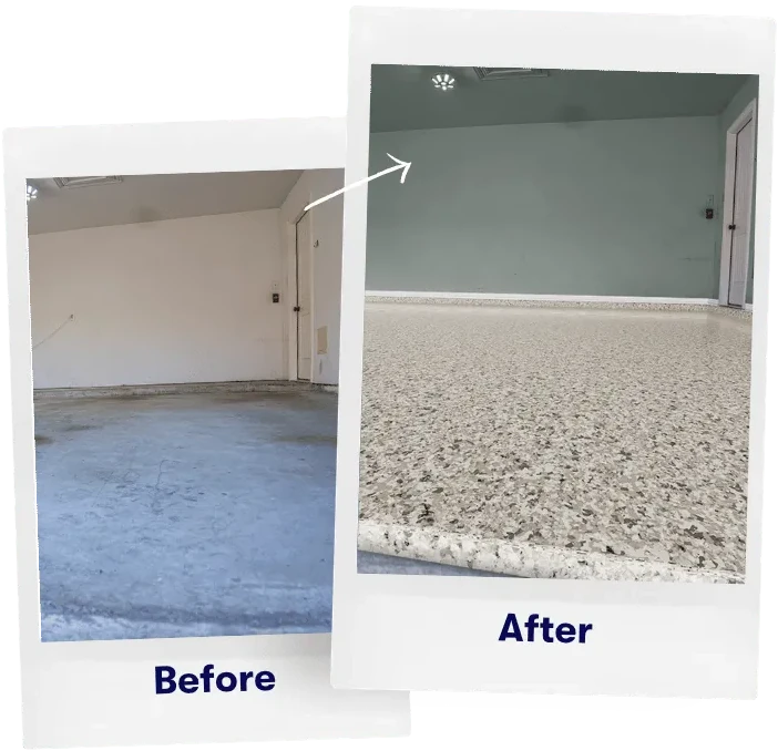Garage floor before and after: bare concrete slab resurfaced with a polyaspartic flake coating