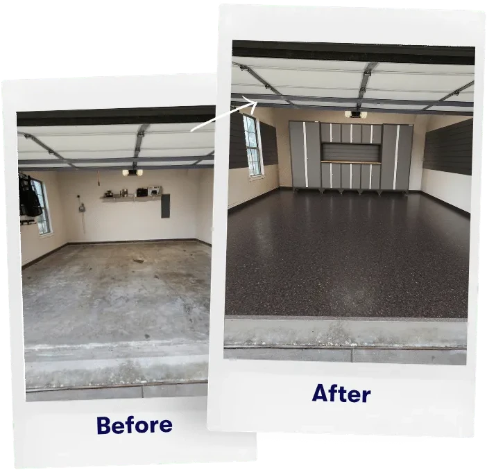 Garage floor coating before and after with a dark polyaspartic flake finish