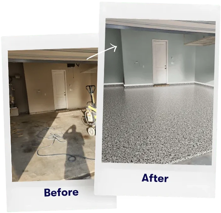 Stained garage concrete before and after a full polyaspartic flake coating