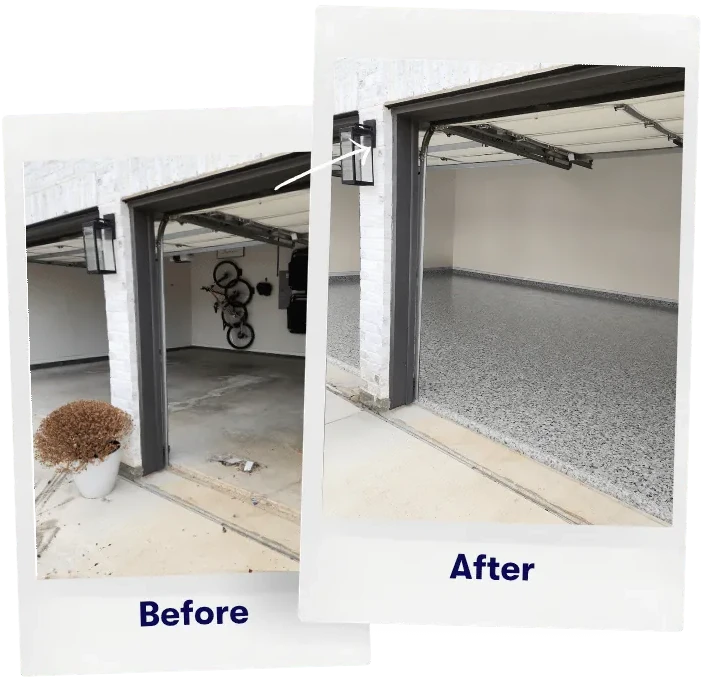 Two car garage floor before and after the full polyaspartic system