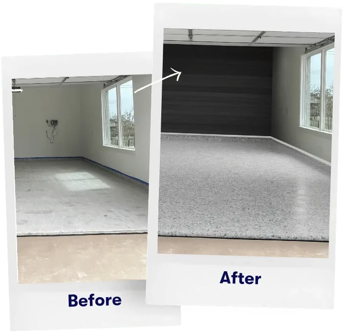 Worn garage slab before and after resurfacing with polyaspartic flake coating