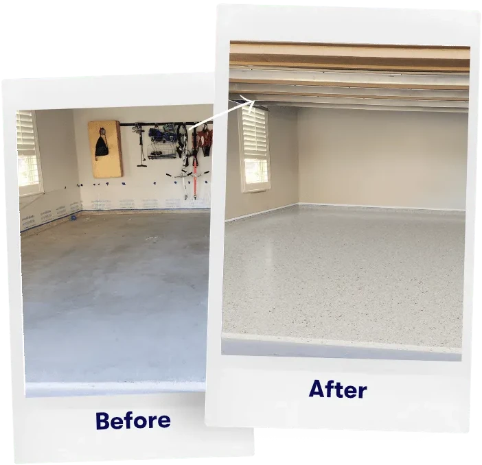 Blue stained garage floor before and after a tan polyaspartic flake coating