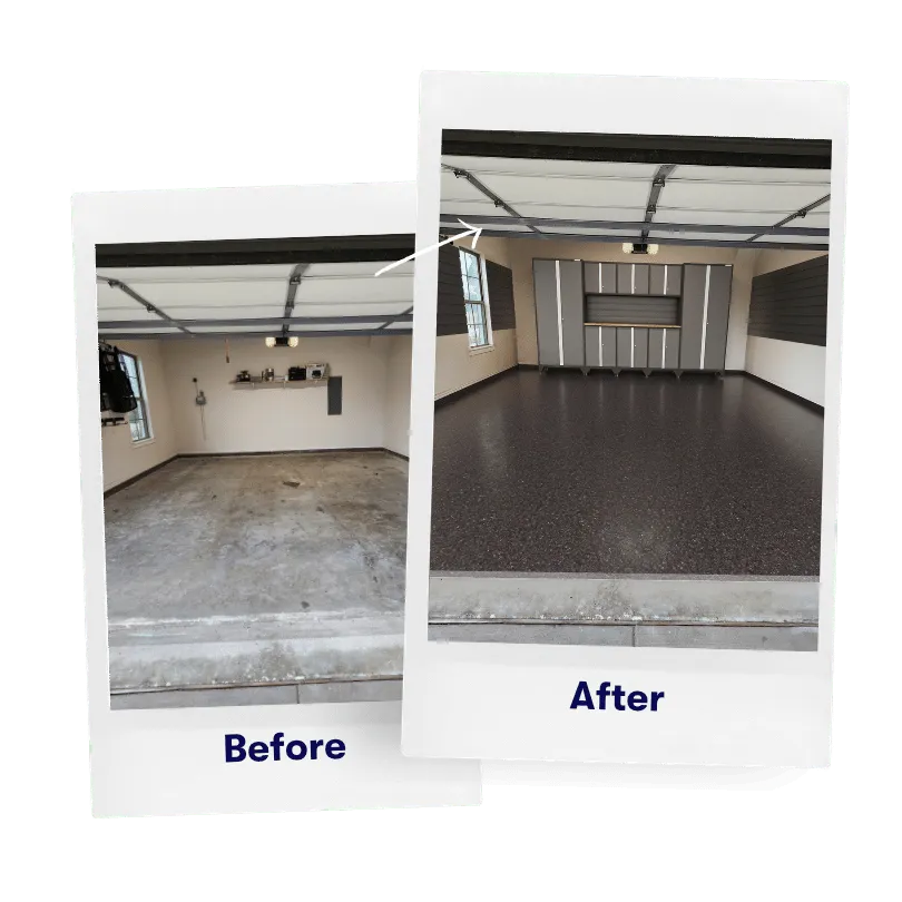 Finished polyaspartic garage floor coating with full flake, installed by MyGarageFloors.com - recent install 2