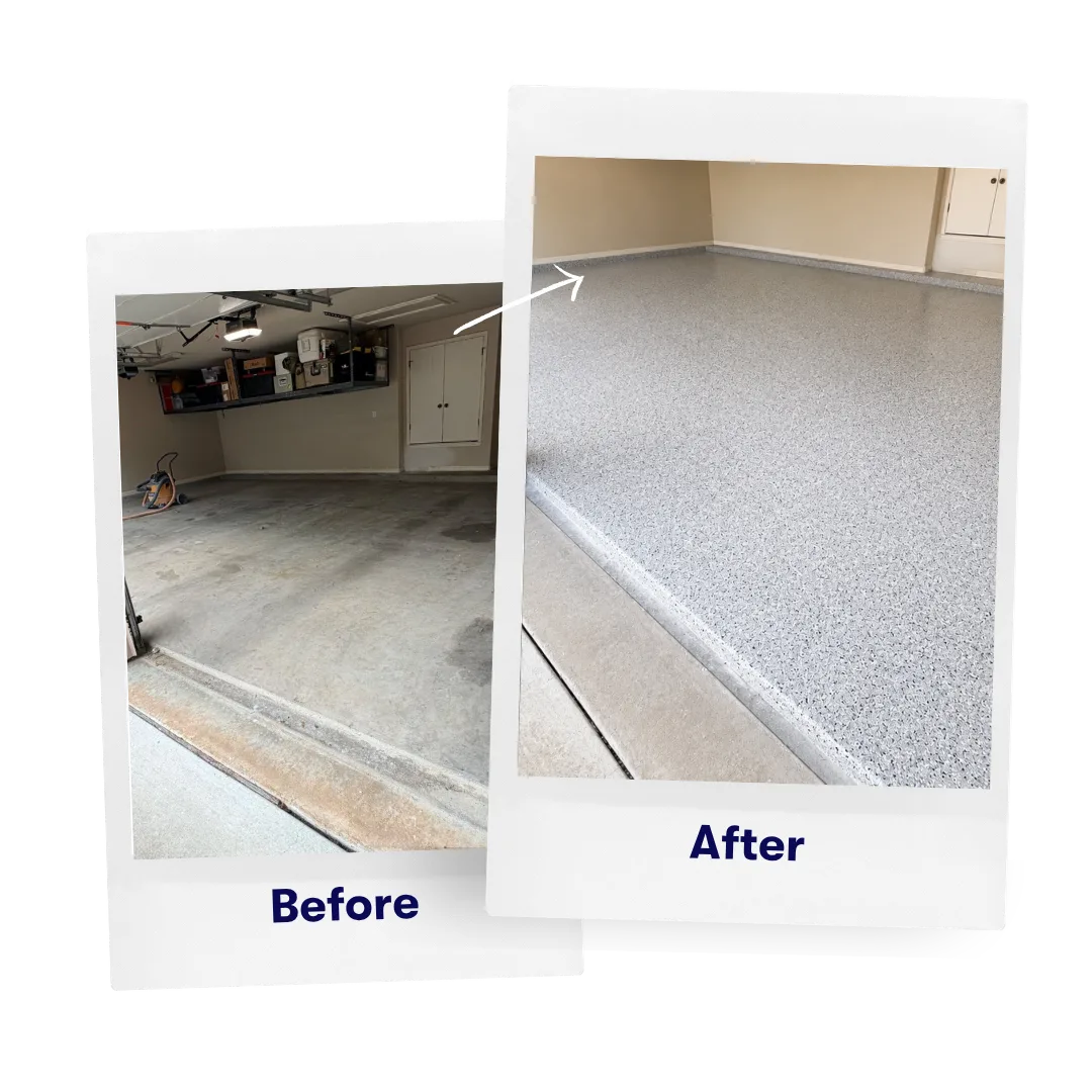 Garage floor coating before and after in Dallas, TX - bare stained concrete transformed with a full flake polyaspartic system by MyGarageFloors.com