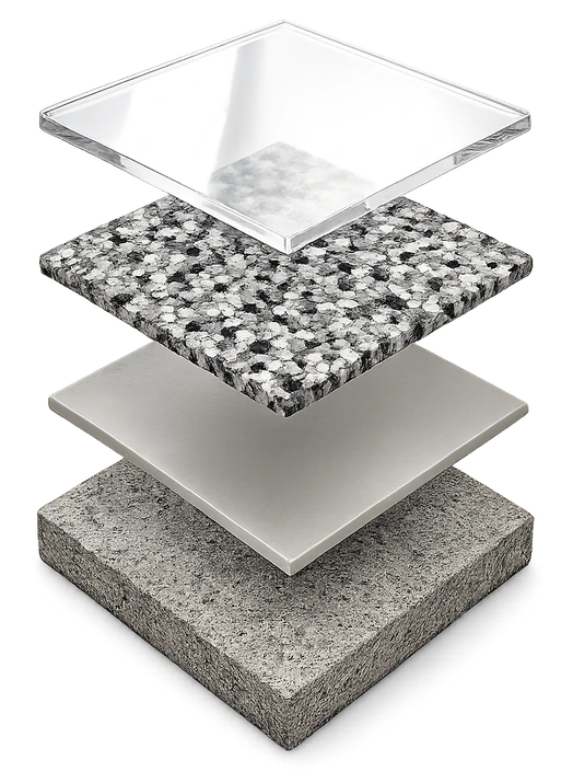 Cutaway diagram of the four layer polyaspartic garage floor coating system: clear polyaspartic top coat, decorative vinyl flake broadcast, pigmented polyaspartic base coat, and diamond ground concrete slab.