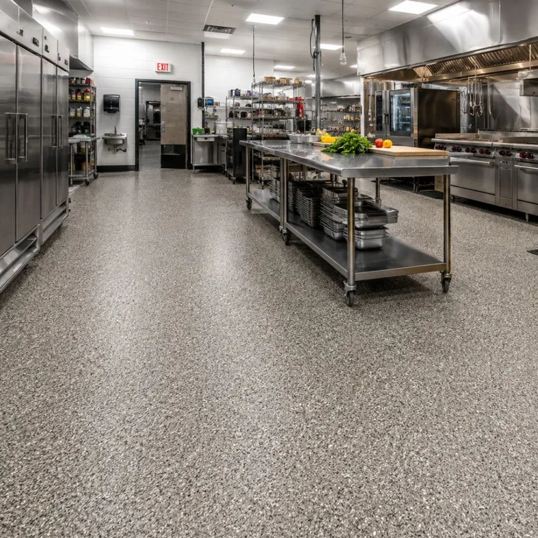 Commercial kitchen with stainless prep tables and reach-in coolers standing on a light gray flake polyaspartic floor