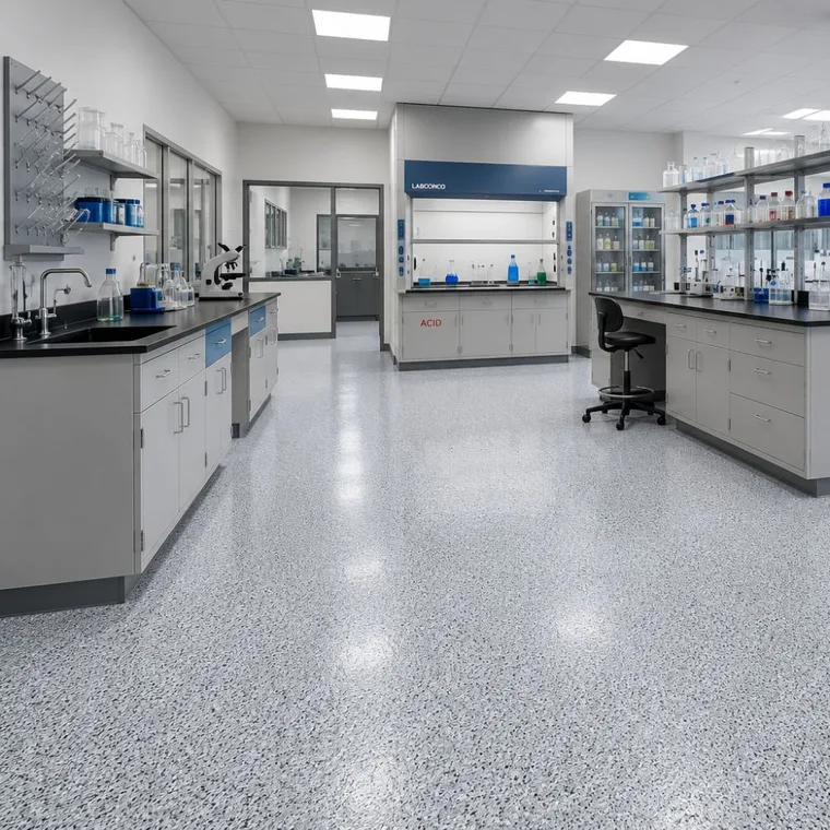 Laboratory with fume hood, benches and glassware above a pale gray flake polyaspartic floor