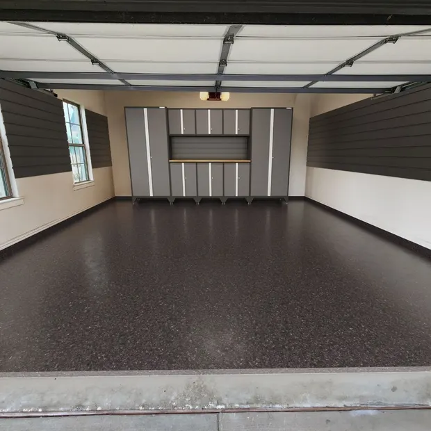 Carbon dark charcoal full flake polyaspartic garage floor coating by MyGarageFloors.com