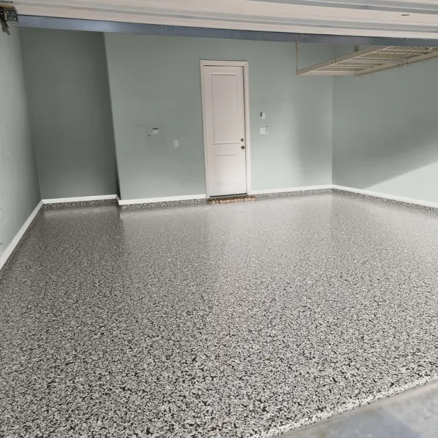 Domino black, white and gray full flake polyaspartic garage floor coating by MyGarageFloors.com