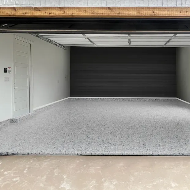Tidal Wave light gray full flake polyaspartic garage floor coating by MyGarageFloors.com