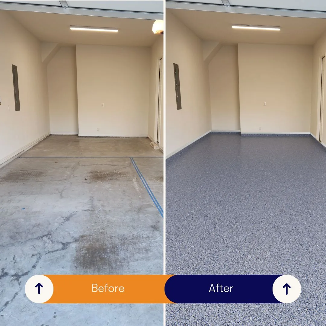 A garage before and after coating, bare concrete on the left and a finished grey flake floor on the right