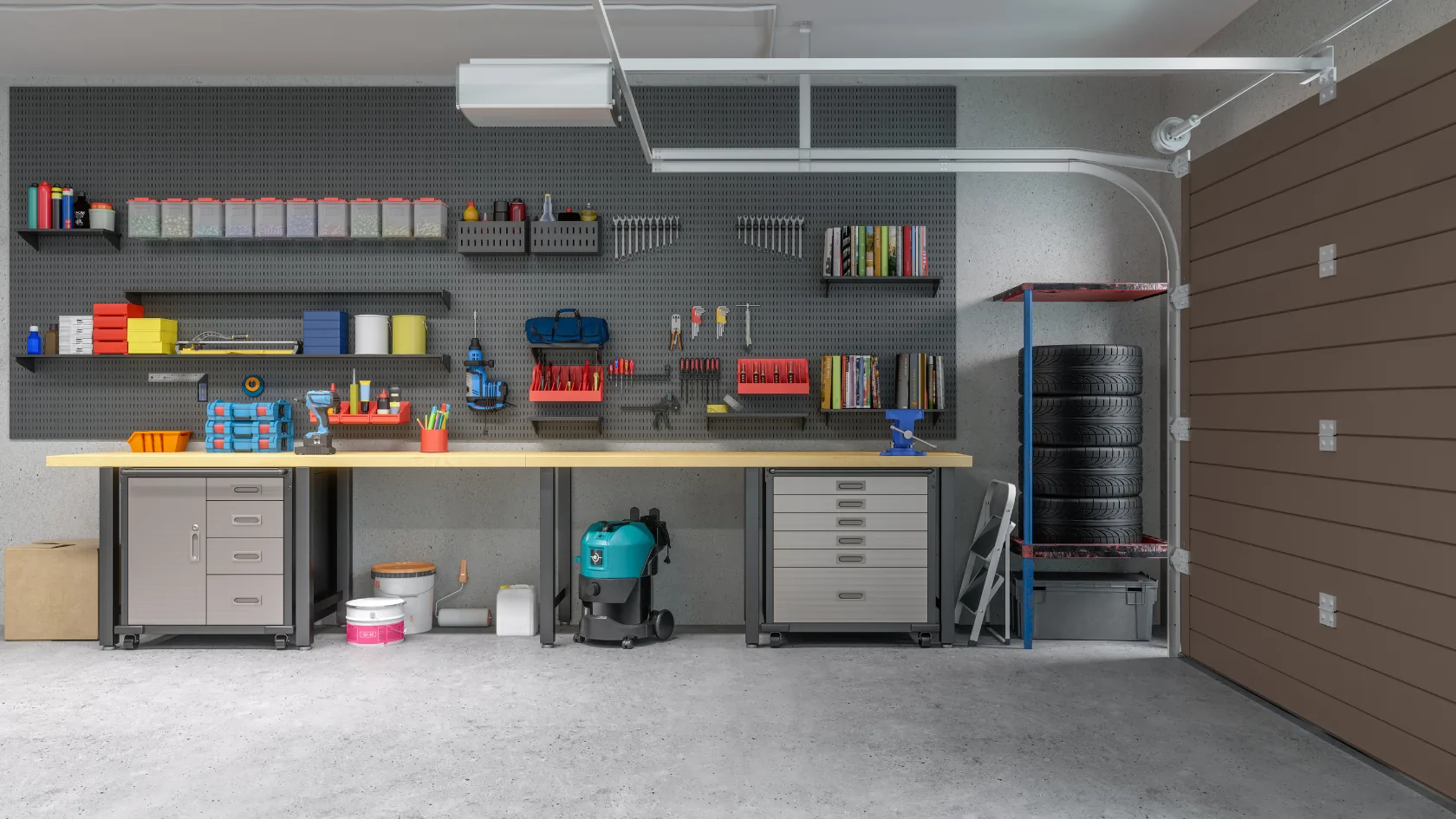 A garage fitted with wall cabinets, a workbench and overhead storage