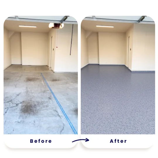 Before and after of a garage floor, stained concrete beside a finished gray floor