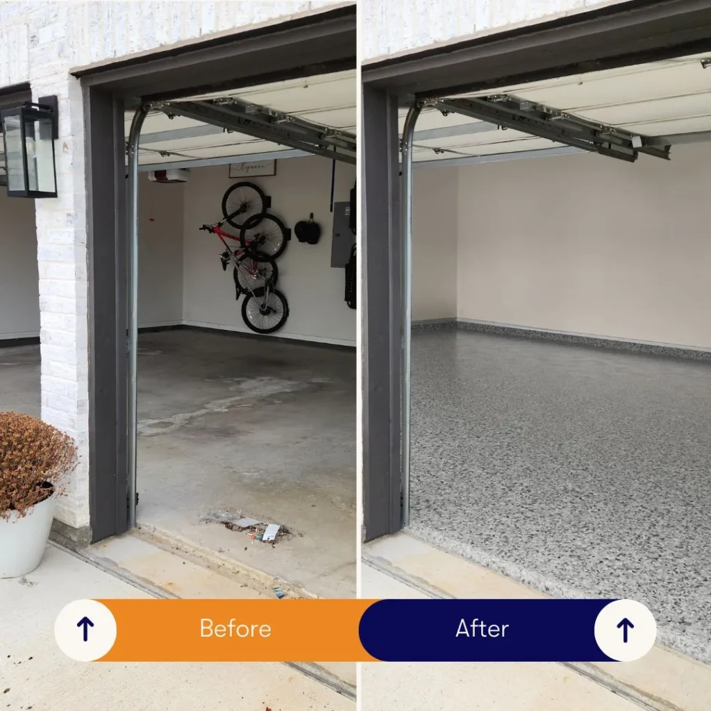 Before and after of a two car garage, bare concrete beside a finished flake floor