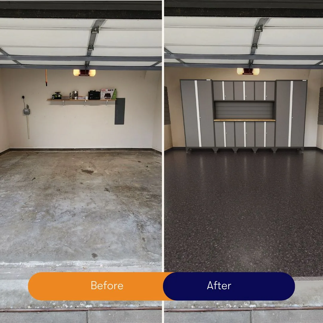 Before and after of a garage, bare concrete beside a dark flake floor with new cabinets
