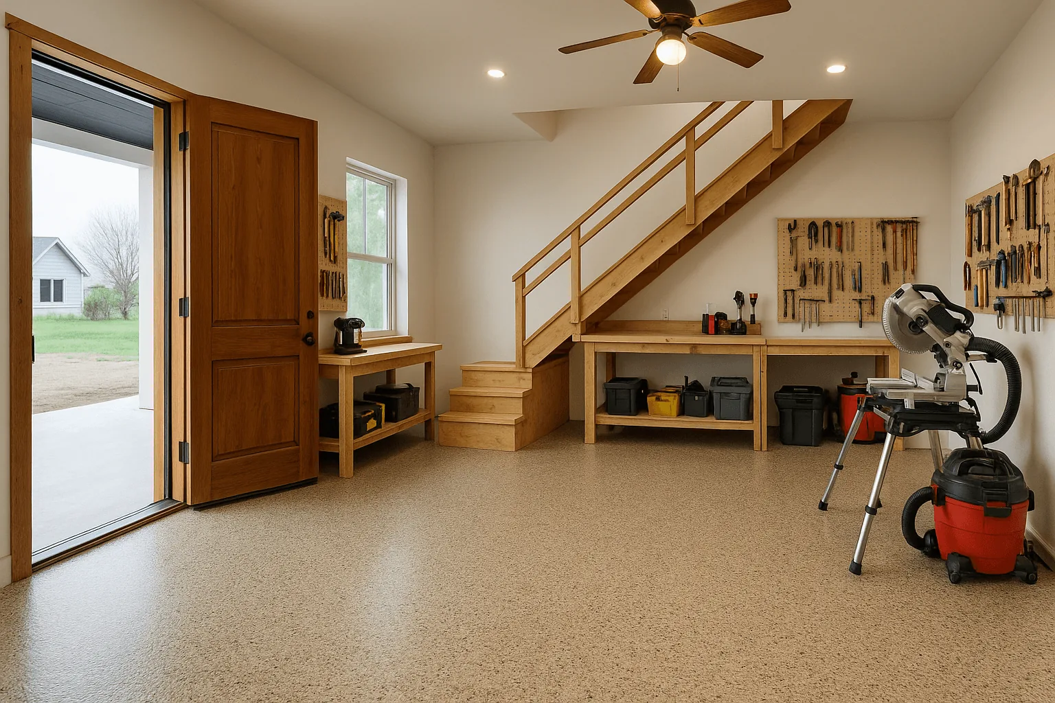 A garage workshop with a tan flake floor, a workbench and a tool wall