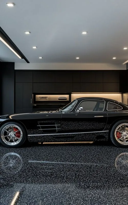 A dark flake garage floor with a sports car parked on it