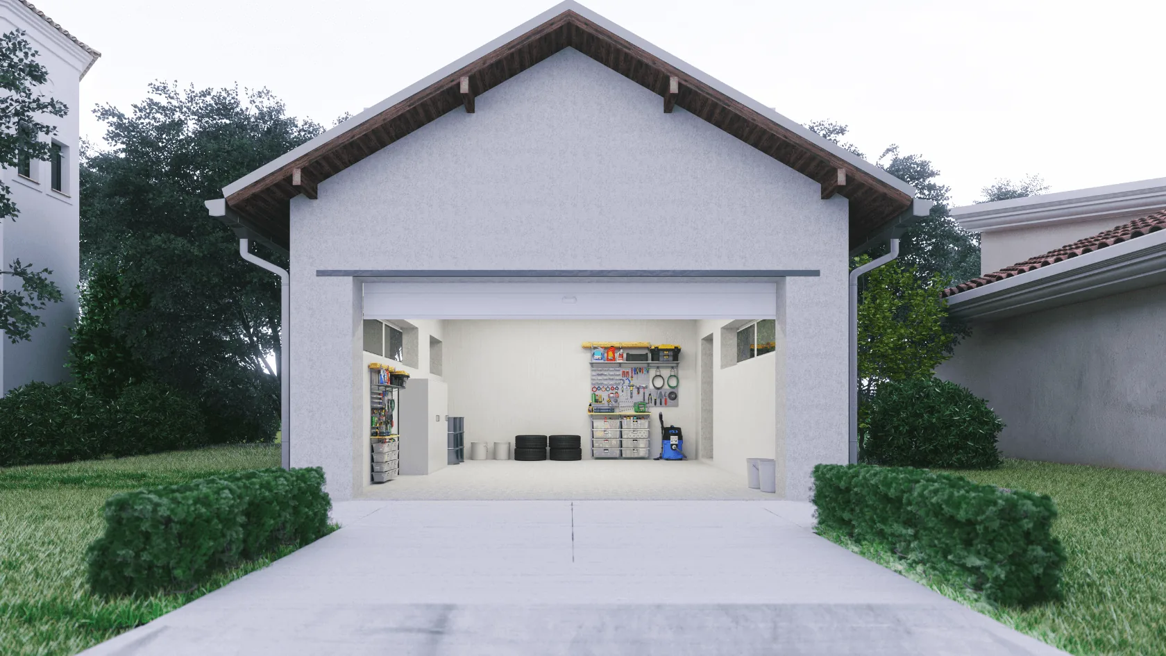 A house with the garage door open, showing shelving and storage along the back wall
