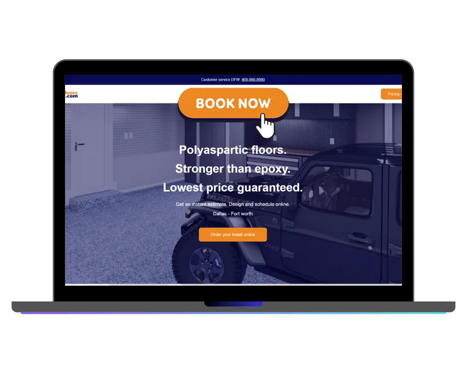 The MyGarageFloors website open on a laptop with the booking button showing