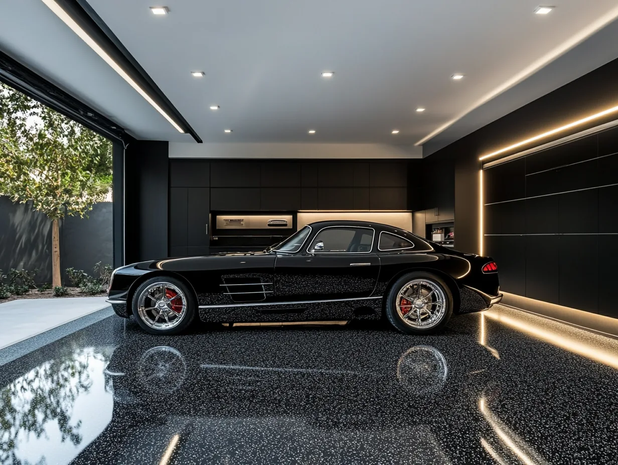 A dark flake garage floor styled with a sports car and strip lighting